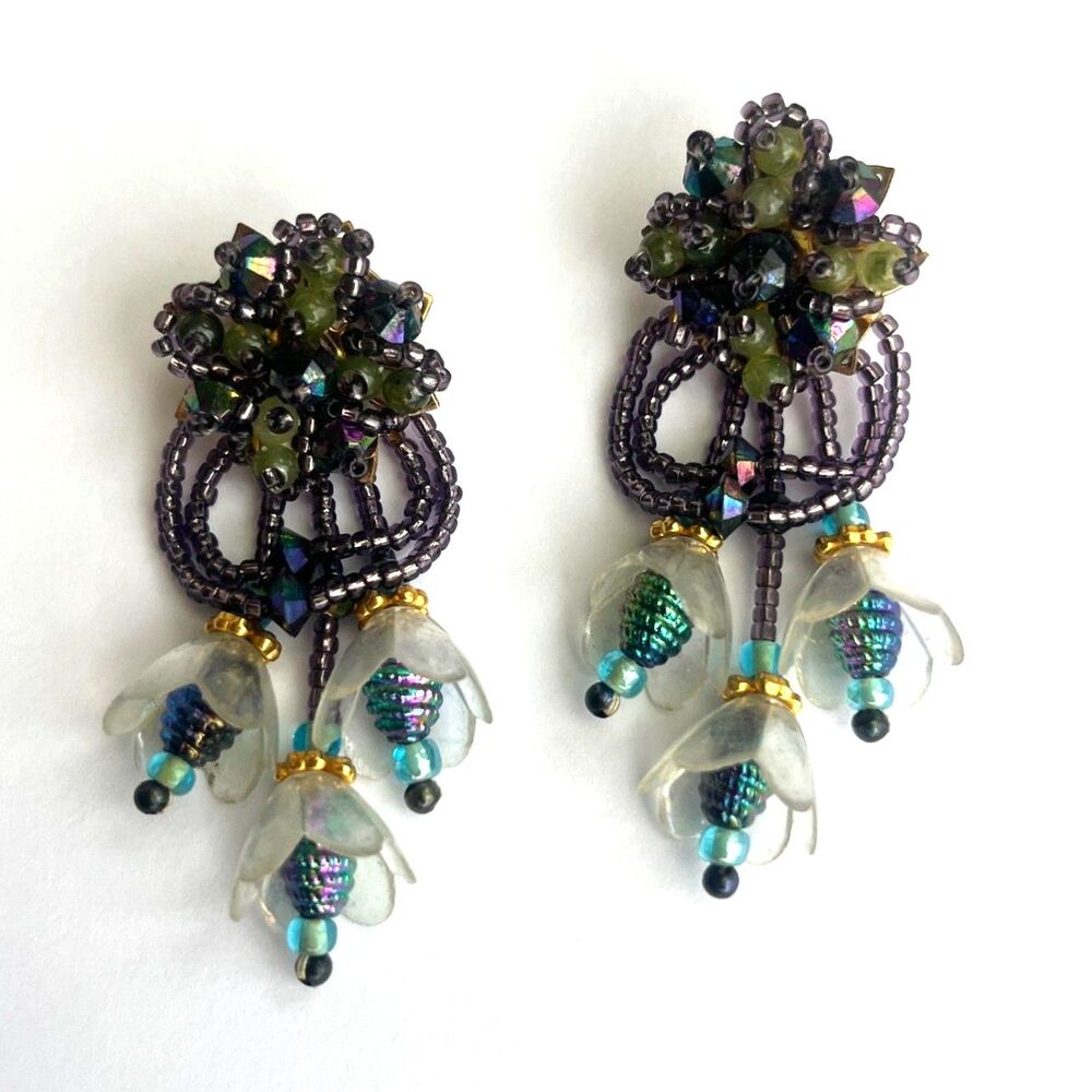 Colleen Toland Signed 1990 Beaded Floral Post Earrings Dangle Vintage